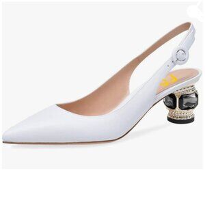 FSJ White Pointed Toe Slingback Wedding Pumps Chunky Low Heel Rhinestone Sandals